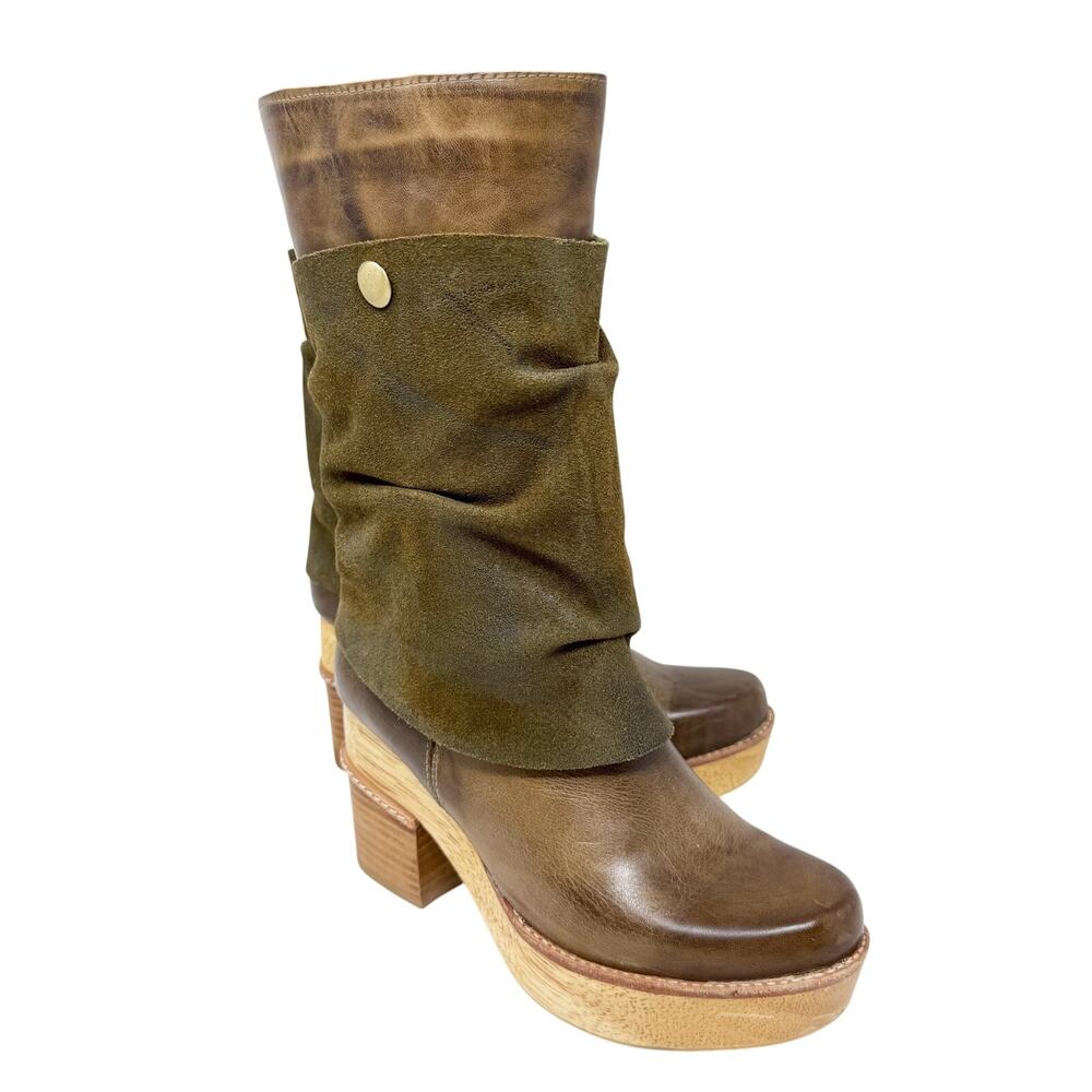 Anthro Antelope Brown Leather & Suede Mid Calf Boots Women's EU 36/US 6 Side Zip